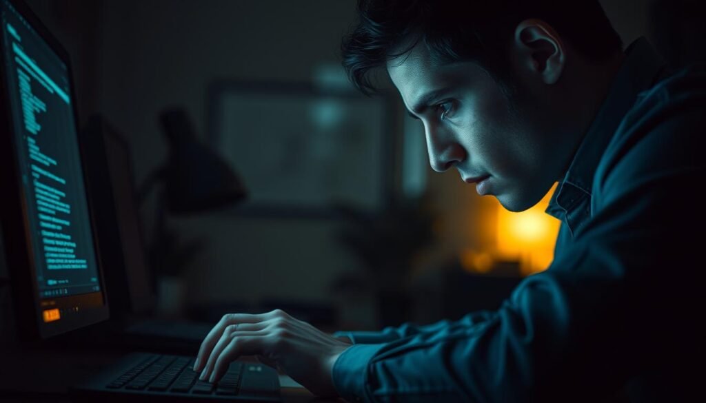A dimly lit office, the glow of a computer screen casting an eerie light on a distracted employee's face. Their brows furrowed, fingers hesitantly hovering over the keyboard, as they contemplate the contents of a seemingly innocuous email. The background is blurred, emphasizing the central figure and the weight of their decision. Subtle tension builds as the scene suggests the human factor that powers a business email compromise - the psychology of trust, curiosity, and the desire to be helpful, all exploited by skilled social engineers. A dramatic, high-contrast image that captures the pivotal moment where a simple click could unleash a billion-dollar disaster. A dimly lit office, the glow of a computer screen casting an eerie light on a distracted employee's face. Their brows furrowed, fingers hesitantly hovering over the keyboard, as they contemplate the contents of a seemingly innocuous email. The background is blurred, emphasizing the central figure and the weight of their decision. Subtle tension builds as the scene suggests the human factor that powers a business email compromise - the psychology of trust, curiosity, and the desire to be helpful, all exploited by skilled social engineers. A dramatic, high-contrast image that captures the pivotal moment where a simple click could unleash a billion-dollar disaster.