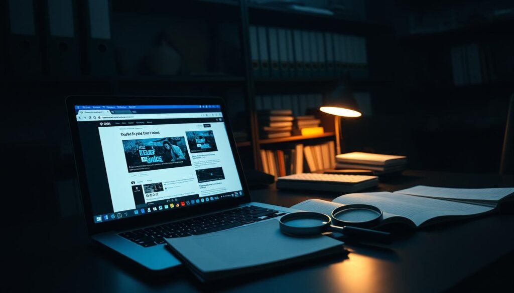A dimly lit office workspace, the glow of computer screens illuminating the scene. On the desk, a laptop displays a web browser with various open tabs, alongside an open notebook and a magnifying glass. Shelves in the background hold reference books and files, suggesting an investigation underway. The atmosphere is one of focused intensity, with a sense of methodical analysis and attention to detail. Subtle shadows cast by the lighting create a sense of depth and drama, highlighting the seriousness of the task at hand. The overall composition conveys the careful, ethical, and legal approach to gathering and examining information.