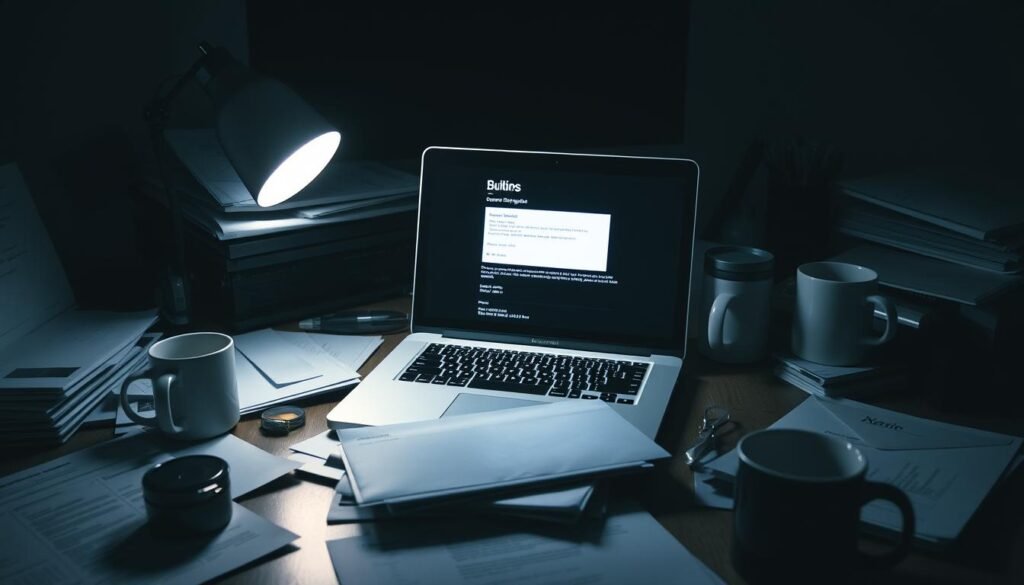 A dimly lit office workspace with a laptop on a cluttered desk, surrounded by scattered documents, coffee mugs, and a half-opened envelope. The laptop screen displays an incoming email with a suspicious sender and subject line, casting an ominous glow across the scene. The lighting is subdued, creating deep shadows that evoke a sense of unease and the potential for financial compromise. The composition emphasizes the centrality of the email, hinting at the vulnerability of the business systems and the potential for a costly breach. A dimly lit office workspace with a laptop on a cluttered desk, surrounded by scattered documents, coffee mugs, and a half-opened envelope. The laptop screen displays an incoming email with a suspicious sender and subject line, casting an ominous glow across the scene. The lighting is subdued, creating deep shadows that evoke a sense of unease and the potential for financial compromise. The composition emphasizes the centrality of the email, hinting at the vulnerability of the business systems and the potential for a costly breach.