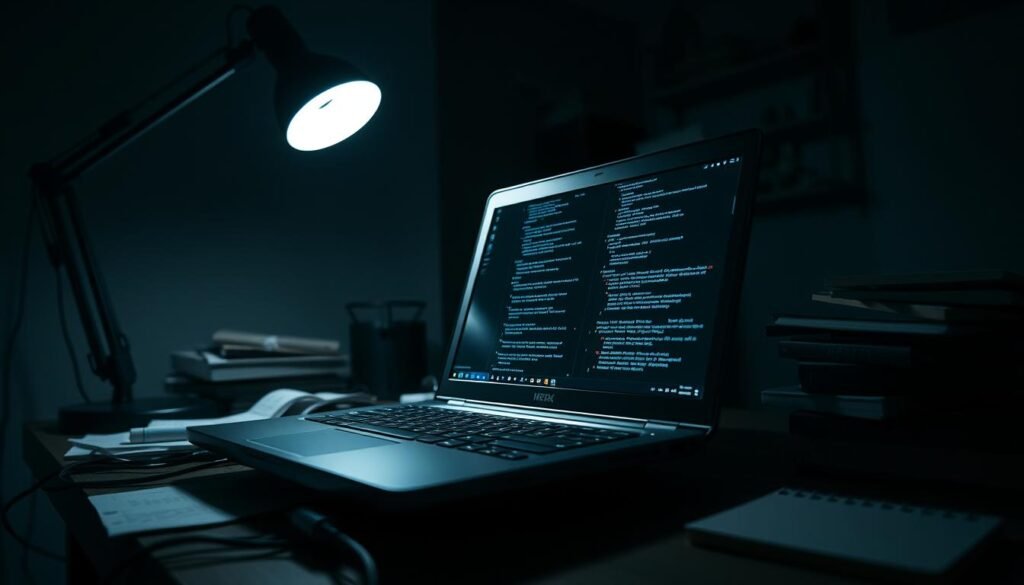 A dimly lit room, a laptop placed on a cluttered desk, its webcam lens exposed and gleaming. The desktop screen flickers with a series of windows and code, hinting at the unseen threat of potential hackers lurking in the digital shadows. The room's atmosphere is tense, the air thick with the weight of online security concerns. A single desk lamp casts long shadows, creating a sense of unease and vulnerability. The webcam, a silent witness to the digital world, stands as a stark reminder of the importance of robust cybersecurity measures in the modern age.