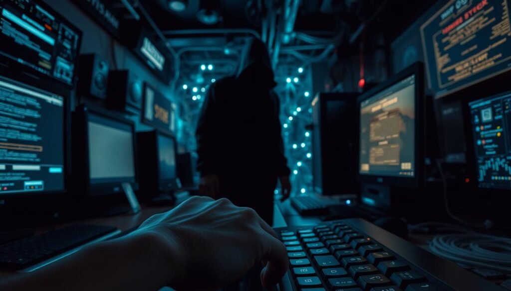 A dimly lit room, filled with the glow of computer screens and the soft hum of electronics. In the foreground, a hand reaches out, hesitating before a keyboard, highlighting the common mistakes that lead to data breaches - weak passwords, reused credentials, and carelessly shared information. The middle ground depicts a shadowy figure, a symbol of the ever-present threat of cybercriminals. In the background, a network of interconnected devices and servers, representing the complex digital landscape that must be navigated with caution. The scene conveys a sense of unease and the importance of cultivating strong password habits to safeguard personal and professional data.