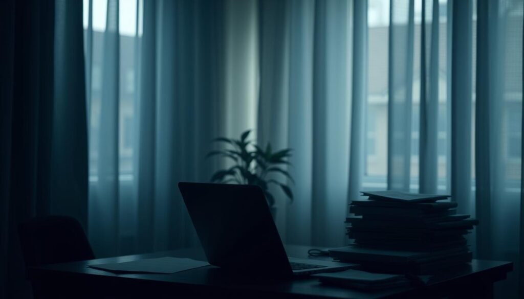 A dimly lit room, the curtains drawn, casting a soft, hazy glow across the space. In the foreground, a laptop sits on a wooden desk, its screen slightly tilted to provide a sense of privacy. The desk is cluttered with files and documents, hinting at the sensitive nature of the information being accessed. In the middle ground, a potted plant casts subtle shadows, adding depth and a touch of natural serenity to the scene. The background is blurred, creating a sense of isolation and focus on the task at hand. The overall mood is one of contemplation and concentration, with a subtle air of guardedness and caution. A dimly lit room, the curtains drawn, casting a soft, hazy glow across the space. In the foreground, a laptop sits on a wooden desk, its screen slightly tilted to provide a sense of privacy. The desk is cluttered with files and documents, hinting at the sensitive nature of the information being accessed. In the middle ground, a potted plant casts subtle shadows, adding depth and a touch of natural serenity to the scene. The background is blurred, creating a sense of isolation and focus on the task at hand. The overall mood is one of contemplation and concentration, with a subtle air of guardedness and caution.