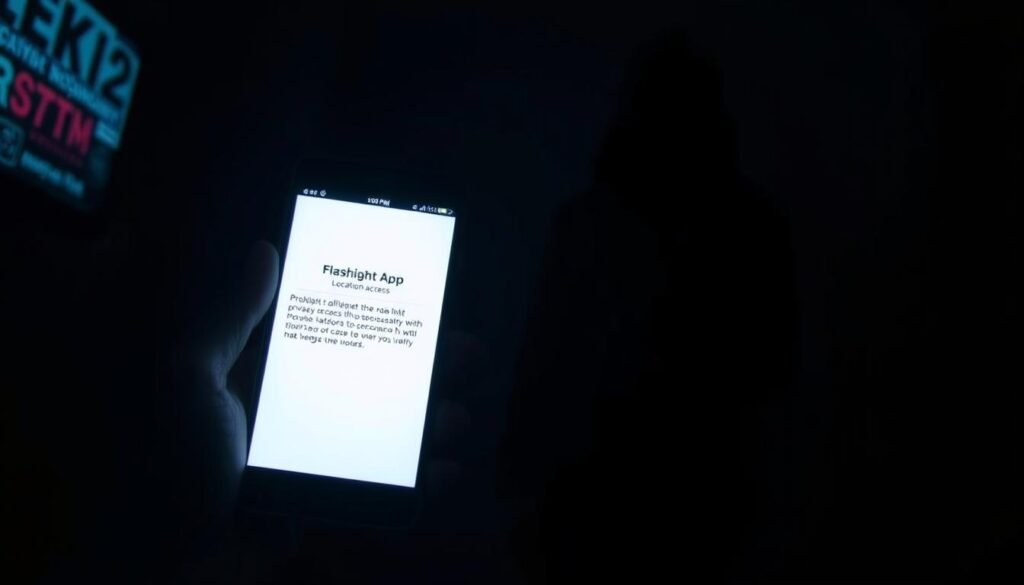 A dimly lit room, the focus on a smartphone's screen displaying a flashlight app's permission request for location access. The phone's display casts a soft, eerie glow, hinting at the potential privacy implications. In the background, a shadowy figure lurks, symbolizing the unseen data collection and surveillance concerns. The scene evokes a sense of unease and the need to understand the motivations behind such unnecessary permissions. Dramatic lighting, deep shadows, and a moody atmosphere convey the article's investigative tone, inviting the viewer to question the app's true intentions.