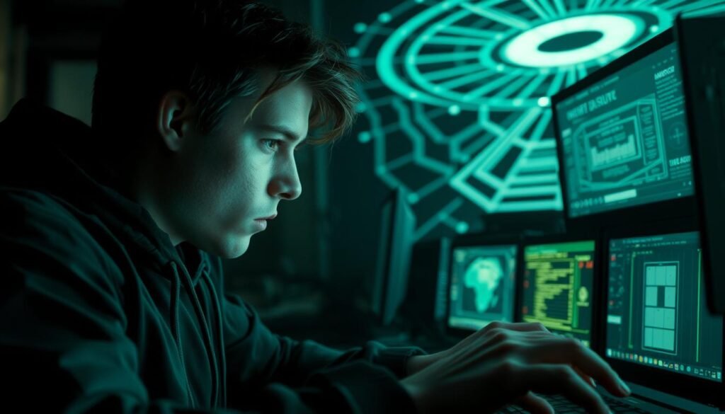 A dimly lit room, the glow of multiple computer screens illuminating the face of a young hacker, their fingers flying across the keyboard as they infiltrate the imposing facade of the Pentagon. In the background, a complex network of lines and numbers, representing the intricate web of security systems being breached. The atmosphere is tense, the air charged with a sense of urgency and determination. The hacker's expression is one of intense focus, their eyes narrowed in concentration as they navigate the digital labyrinth, determined to uncover the truth hidden within the walls of the Pentagon. A dimly lit room, the glow of multiple computer screens illuminating the face of a young hacker, their fingers flying across the keyboard as they infiltrate the imposing facade of the Pentagon. In the background, a complex network of lines and numbers, representing the intricate web of security systems being breached. The atmosphere is tense, the air charged with a sense of urgency and determination. The hacker's expression is one of intense focus, their eyes narrowed in concentration as they navigate the digital labyrinth, determined to uncover the truth hidden within the walls of the Pentagon.