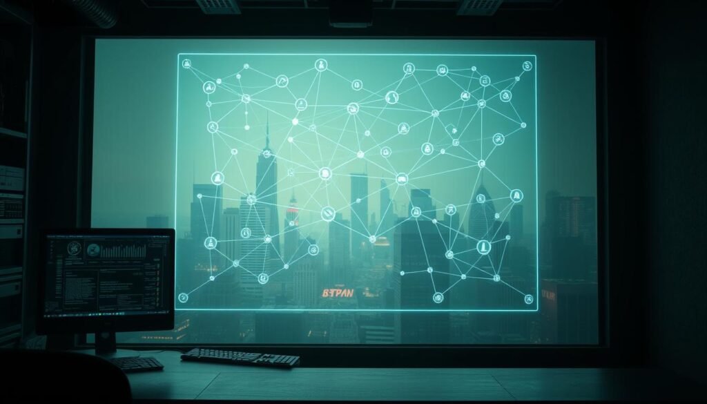A dimly lit room with a desk and computer setup in the foreground, displaying advanced network visualization diagrams and encrypted data streams. In the middle ground, a holographic projection of a complex, multi-layered VPN architecture, with nodes and connections representing encrypted tunnels and relay points. The background features a hazy, technological cityscape, with skyscrapers and towers emitting a soft, neon glow. The scene conveys a sense of high-tech privacy and security, with a moody, futuristic atmosphere. A dimly lit room with a desk and computer setup in the foreground, displaying advanced network visualization diagrams and encrypted data streams. In the middle ground, a holographic projection of a complex, multi-layered VPN architecture, with nodes and connections representing encrypted tunnels and relay points. The background features a hazy, technological cityscape, with skyscrapers and towers emitting a soft, neon glow. The scene conveys a sense of high-tech privacy and security, with a moody, futuristic atmosphere.