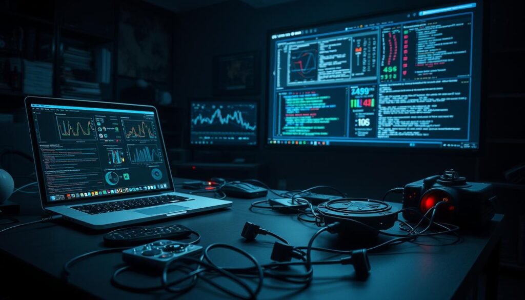 A dimly lit room, with a sleek and modern desk in the foreground. On the desk, an assortment of specialized detection tools - a laptop displaying complex software interfaces, a smartphone with customized apps, and a compact handheld device with various sensors. The middle ground features a tangle of cables and wires, hinting at the intricate connections between the tools. In the background, a large monitor displays a series of graphs, charts, and code snippets, illuminating the comprehensive data analysis capabilities of this secret detection setup. The overall atmosphere is one of precision, focus, and the urgent need to uncover hidden vulnerabilities and misconfigurations. A dimly lit room, with a sleek and modern desk in the foreground. On the desk, an assortment of specialized detection tools - a laptop displaying complex software interfaces, a smartphone with customized apps, and a compact handheld device with various sensors. The middle ground features a tangle of cables and wires, hinting at the intricate connections between the tools. In the background, a large monitor displays a series of graphs, charts, and code snippets, illuminating the comprehensive data analysis capabilities of this secret detection setup. The overall atmosphere is one of precision, focus, and the urgent need to uncover hidden vulnerabilities and misconfigurations.