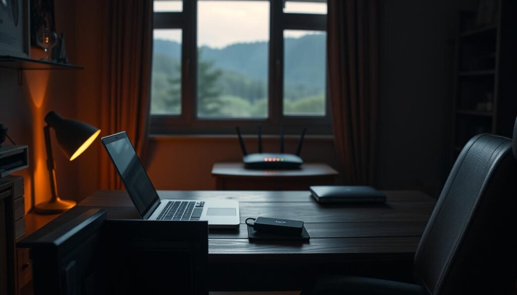A dimly lit, secure home office with a MacBook Pro on a sturdy wooden desk. The room has a warm, muted color palette, with soft ambient lighting casting subtle shadows. In the foreground, a locked cabinet containing a backup hard drive and a two-factor authentication device. In the middle ground, a sleek, modern router with status lights indicating a secure network connection. The background features a window overlooking a serene, natural landscape, reinforcing the sense of privacy and protection. The overall atmosphere conveys a feeling of confidence, control, and a well-protected digital environment.