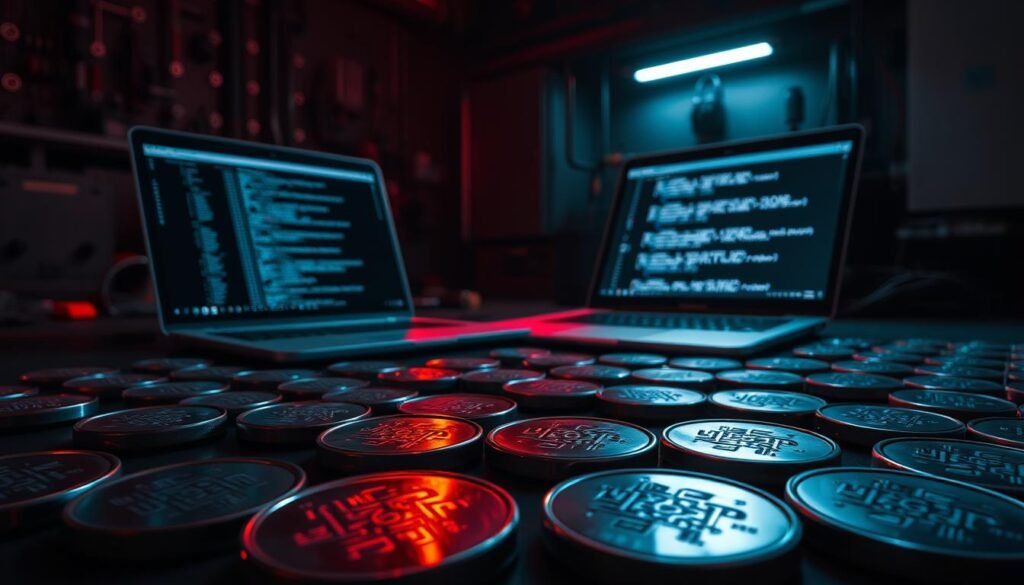 A dimly lit, secure industrial workspace. In the foreground, a set of gleaming metal tokens, each bearing a unique QR code. The tokens are arranged in a precise grid, conveying a sense of order and control. In the middle ground, a sleek laptop displays lines of code, reflecting the digital nature of the tokens. The background is a muted, shadowy space, suggesting the need for vigilance and protection. Subtle lighting casts a warm, authoritative glow, emphasizing the importance of these tokens in the overall system. The scene evokes a sense of precision, security, and the delicate balance between digital and physical elements in API management.