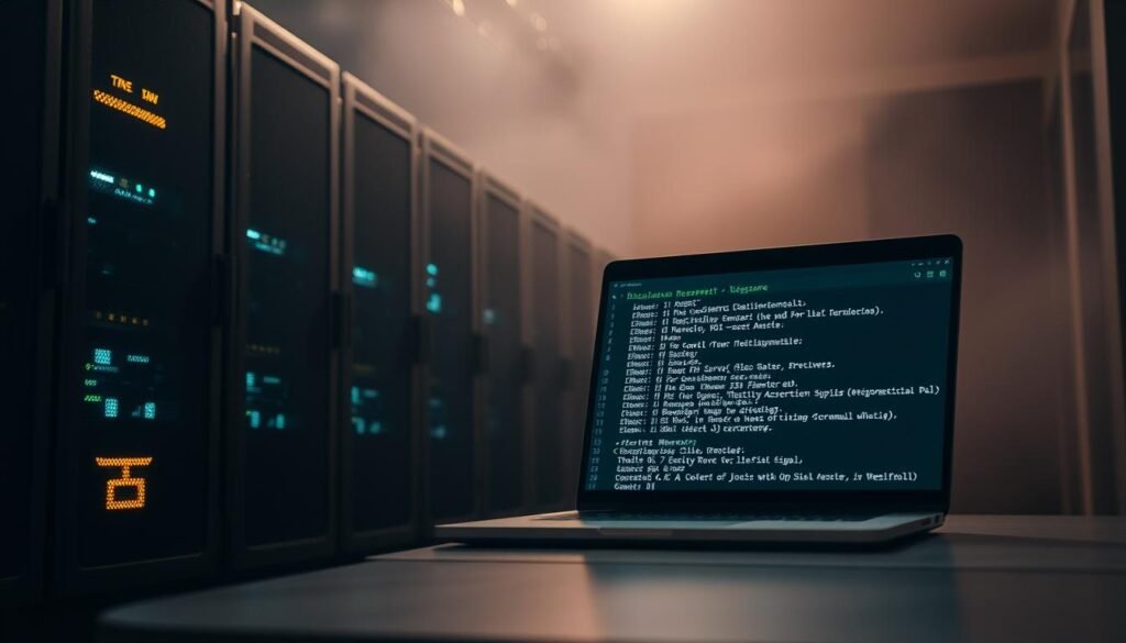 A dimly lit server rack stands in the foreground, its blinking lights casting an eerie glow. In the middle ground, a laptop screen displays a directory listing, revealing the contents of the server's file system. The background is shrouded in a haze of uncertainty, hinting at the potential vulnerability and the need for responsible disclosure. The scene conveys a sense of discovery and the weight of the information revealed, setting the stage for a thoughtful and cautious approach to reporting the issue.
