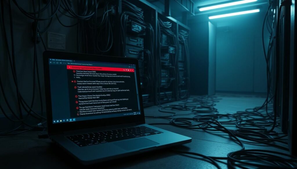 A dimly lit server room, cables and wires snaking across the floor, indicating poor organization and maintenance. In the foreground, a laptop screen displays a series of security alerts, highlighting configuration vulnerabilities and open ports. The middle ground features a disorganized rack of outdated hardware, suggesting neglect and a lack of attention to detail. The background is shrouded in shadows, conveying a sense of unease and the potential for malicious actors to exploit these weaknesses. Soft, ominous lighting casts an unsettling glow, emphasizing the gravity of the security misconfigurations on display.