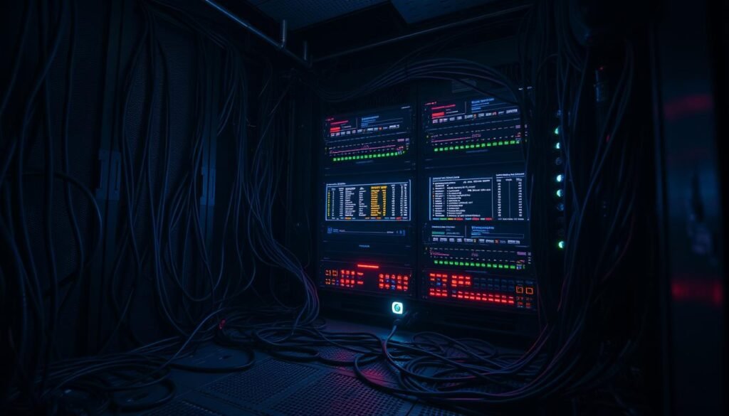 A dimly lit server room, cables snaking across the floor, casting deep shadows. In the foreground, a towering network rack, its blinking lights casting an eerie glow. Amidst the tangle, a firewall device sits, its dashboard displaying a mess of conflicting policies, outdated rules, and security vulnerabilities. The atmosphere is tense, hinting at the hidden dangers lurking within the seemingly innocuous network infrastructure. A wide-angle lens captures the scene, emphasizing the overwhelming complexity and the need for meticulous firewall hygiene to maintain control over the network's security posture.