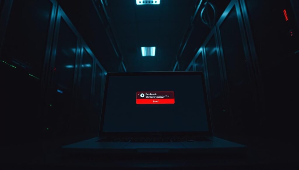 A dimly lit server room, the air thick with tension. Rows of servers hum ominously, casting a soft glow across the scene. In the foreground, a laptop screen displays a sinister-looking data breach notification, its red error message casting an ominous shadow. The camera angle is low, emphasizing the sense of looming disaster. The lighting is dramatic, creating deep shadows and highlights that convey the gravity of the situation. The mood is one of unease and foreboding, hinting at the widespread disruption that would follow this pivotal moment.