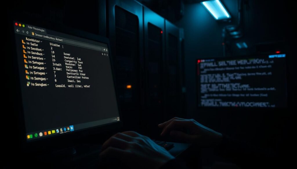 A dimly lit server room, the glow of a computer monitor illuminating the scene. In the foreground, a web browser window displays the directory listing of a web server, the familiar tree-like structure revealing sensitive files and folders. In the middle ground, a pair of hands types commands into a terminal, attempting to disable this dangerous feature. The background is shrouded in shadows, suggesting the potential for unseen threats. The overall atmosphere conveys a sense of urgency and the need to address this security vulnerability quickly and effectively.