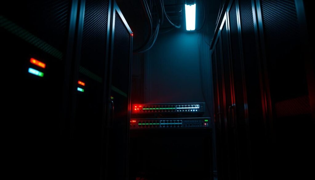 A dimly-lit server room, the glow of blinking status lights casting an eerie glow. In the foreground, a pair of locked server cabinets, their steel frames radiating a sense of security and protection. In the middle ground, a network switch with its array of ethernet ports, symbolizing the interconnectedness of the system. The background is shrouded in shadow, hinting at the unseen threats lurking beyond the confines of this fortified space. The lighting is dramatic, creating a sense of tension and the need for vigilance. The camera angle is low, emphasizing the solidity and reliability of the hardware. This image conveys the essence of cybersecurity - a multilayered defense against the unknown, with the CIA triad (Confidentiality, Integrity, Availability) as its guiding principles.