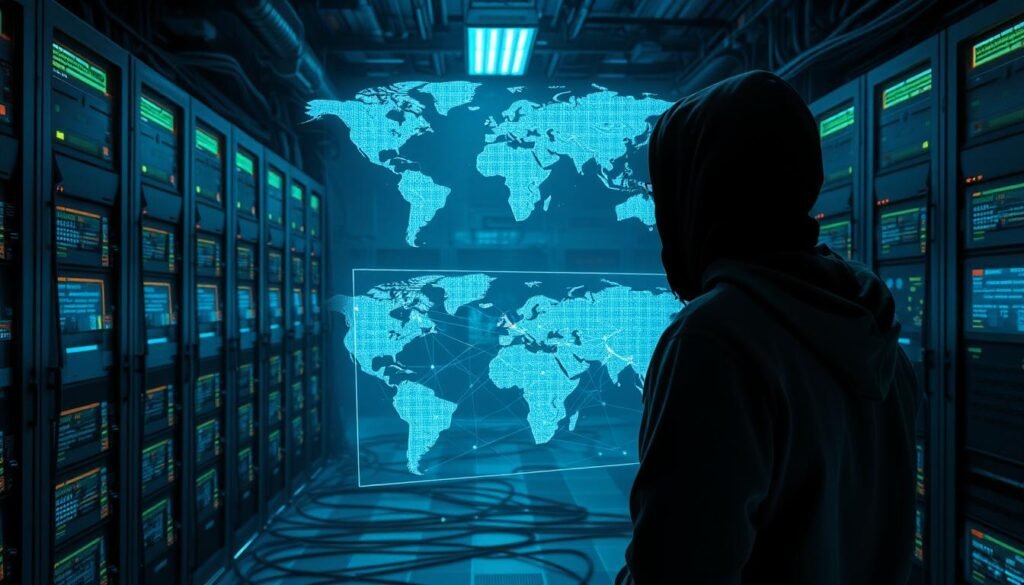 A dimly lit server room, with rows of blinking computers and cables snaking across the floor. In the foreground, a solitary figure in a dark hoodie examines a holographic display, revealing a complex network diagram. The air is thick with tension, the only sound the hum of machinery. In the background, a digital map of the world flickers, highlighting vulnerable government systems. The scene conveys a sense of unease, of a fragile infrastructure teetering on the edge of compromise. A dimly lit server room, with rows of blinking computers and cables snaking across the floor. In the foreground, a solitary figure in a dark hoodie examines a holographic display, revealing a complex network diagram. The air is thick with tension, the only sound the hum of machinery. In the background, a digital map of the world flickers, highlighting vulnerable government systems. The scene conveys a sense of unease, of a fragile infrastructure teetering on the edge of compromise.