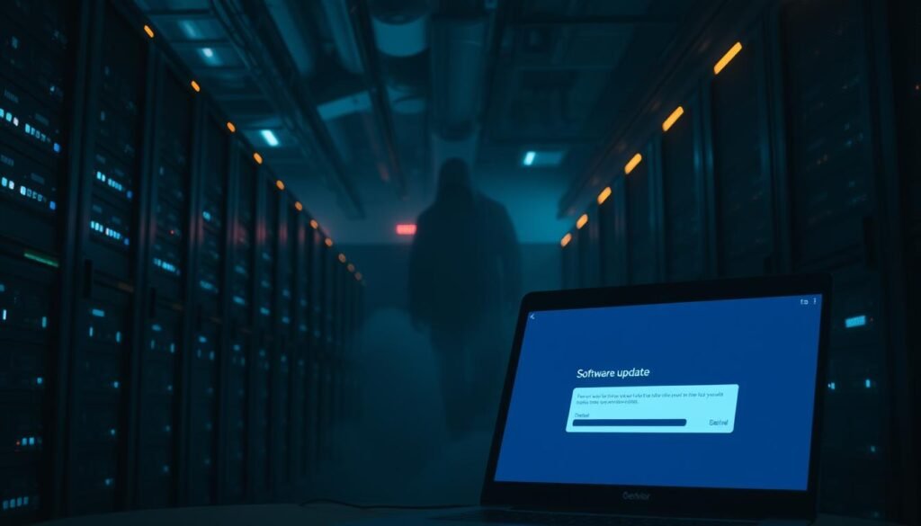 A dimly lit server room, with rows of humming computer racks and blinking lights. In the foreground, a laptop screen displays a software update notification, its progress bar slowly filling. Ominous shadows creep across the walls, representing the looming cyber threats that software updates aim to mitigate. The atmosphere is tense, with a sense of urgency conveyed through dramatic chiaroscuro lighting and a moody color palette. The image emphasizes the importance of timely software updates in maintaining the security and integrity of digital systems, even in the face of unseen dangers.