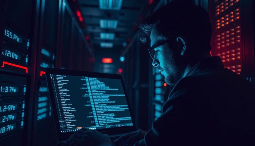 A dimly lit server room, with rows of racks and blinking lights casting an eerie glow. In the foreground, a laptop screen displays lines of code, signifying the process of directory traversal testing. The developer, their face illuminated by the screen, meticulously navigates through the file system, probing for vulnerabilities. The atmosphere is tense, yet focused, as they utilize specialized tools and wordlists to uncover hidden configurations and sensitive data. The image conveys the technical nature of this security assessment, capturing the essence of the "Testing Safely" section in the article.