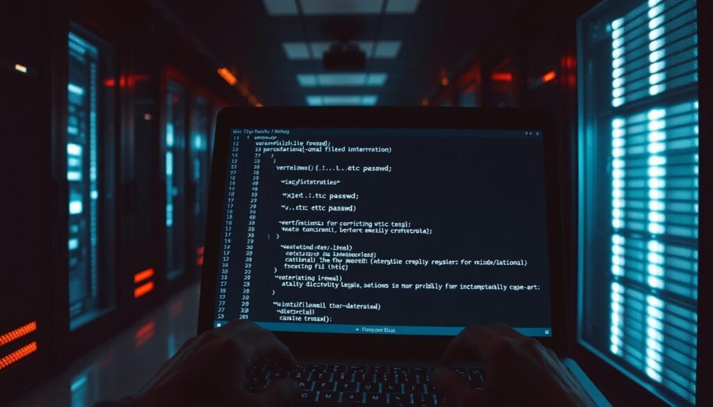 A dimly lit server room, with rows of racks and blinking lights casting shadows across the floor. In the foreground, a laptop screen displays a terminal window, the cursor blinking on a line of code that reads "../../etc/passwd". The user's hands type commands, exploiting a directory traversal vulnerability to access sensitive configuration files. The scene conveys a sense of tension and technical mastery, reflecting the technical details and mood of the article's subject.