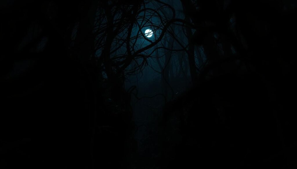 A dimly lit, shadowy forensic trail winding through a dense, overgrown forest. In the foreground, a series of subtle footprints and disturbances in the undergrowth, hinting at a stealthy, furtive passage. The middle ground is filled with tangled vines and twisted branches, obscuring the path ahead. Sparse shafts of moonlight filter through the canopy, casting an eerie, blue-tinted glow over the scene. The background fades into deep, impenetrable darkness, suggesting the trail's mysterious origins and an elusive, unseen presence. The atmosphere is tense, ominous, and rife with a sense of pursuit and the unknown. A dimly lit, shadowy forensic trail winding through a dense, overgrown forest. In the foreground, a series of subtle footprints and disturbances in the undergrowth, hinting at a stealthy, furtive passage. The middle ground is filled with tangled vines and twisted branches, obscuring the path ahead. Sparse shafts of moonlight filter through the canopy, casting an eerie, blue-tinted glow over the scene. The background fades into deep, impenetrable darkness, suggesting the trail's mysterious origins and an elusive, unseen presence. The atmosphere is tense, ominous, and rife with a sense of pursuit and the unknown.