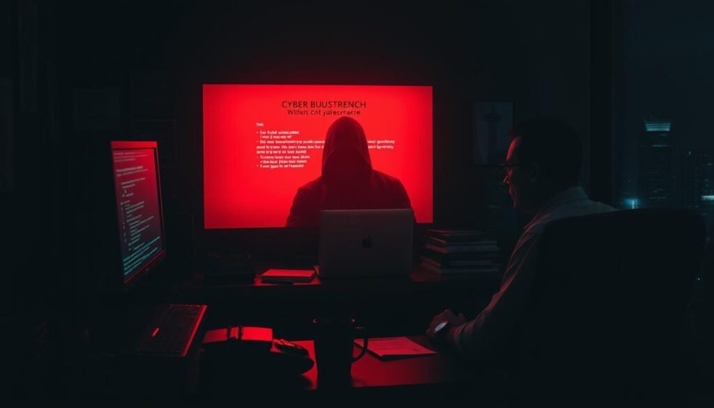 A dimly lit small business office, with a computer screen displaying an ominous cybersecurity breach warning. In the foreground, a concerned business owner sits at their desk, surrounded by typical office items like a phone, paperwork, and a coffee mug. The middle ground shows a silhouetted hacker figure, their face obscured, typing intently on a laptop. The background depicts a shadowy, anonymous cityscape, hinting at the broader threat landscape small businesses face. The lighting is dramatic, with deep shadows and highlights, creating a sense of tension and unease. The overall mood is one of vulnerability and the urgent need for cybersecurity vigilance. A dimly lit small business office, with a computer screen displaying an ominous cybersecurity breach warning. In the foreground, a concerned business owner sits at their desk, surrounded by typical office items like a phone, paperwork, and a coffee mug. The middle ground shows a silhouetted hacker figure, their face obscured, typing intently on a laptop. The background depicts a shadowy, anonymous cityscape, hinting at the broader threat landscape small businesses face. The lighting is dramatic, with deep shadows and highlights, creating a sense of tension and unease. The overall mood is one of vulnerability and the urgent need for cybersecurity vigilance.