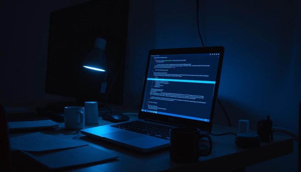 A dimly lit software engineering workstation, the glow of a laptop screen casting an eerie blue light across the desk. Scattered papers and coffee mugs suggest a late night coding session. Onscreen, lines of code are displayed in a text editor, with portions highlighted as if recently accessed. The atmosphere is tense, hinting at the gravity of a data breach or source code leak. Shadows loom in the background, representing the unseen threats and vulnerabilities lurking within the codebase. A sense of unease permeates the scene, underscoring the risks and impact of such a critical misconfiguration. A dimly lit software engineering workstation, the glow of a laptop screen casting an eerie blue light across the desk. Scattered papers and coffee mugs suggest a late night coding session. Onscreen, lines of code are displayed in a text editor, with portions highlighted as if recently accessed. The atmosphere is tense, hinting at the gravity of a data breach or source code leak. Shadows loom in the background, representing the unseen threats and vulnerabilities lurking within the codebase. A sense of unease permeates the scene, underscoring the risks and impact of such a critical misconfiguration.