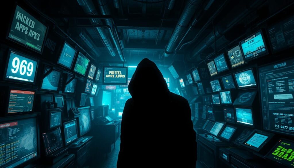 A dimly lit underground marketplace, cloaked in the veil of the dark web. In the foreground, a shadowy figure navigates a labyrinth of illicit digital wares - pirated apps, hacked software, and other contraband. The middle ground reveals a mosaic of glowing screens, each displaying a dizzying array of illegal APKs and cracked programs. In the background, a neon-tinged haze sets the tone, hinting at the seedy underbelly of this hidden digital realm. The scene exudes a sense of secrecy, danger, and the allure of the forbidden. Lighting is low-key, with dramatic chiaroscuro effects, evoking a gritty, ominous atmosphere. A dimly lit underground marketplace, cloaked in the veil of the dark web. In the foreground, a shadowy figure navigates a labyrinth of illicit digital wares - pirated apps, hacked software, and other contraband. The middle ground reveals a mosaic of glowing screens, each displaying a dizzying array of illegal APKs and cracked programs. In the background, a neon-tinged haze sets the tone, hinting at the seedy underbelly of this hidden digital realm. The scene exudes a sense of secrecy, danger, and the allure of the forbidden. Lighting is low-key, with dramatic chiaroscuro effects, evoking a gritty, ominous atmosphere.