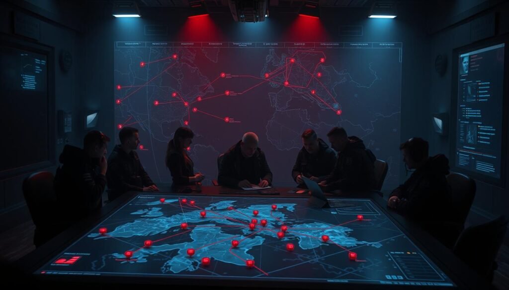 A dimly lit war room, with a large tactical display in the foreground. The display shows a detailed map, annotated with red icons and lines, representing the objectives and potential attack vectors of a red team operation. In the middle ground, a team of tactical operators pore over the display, discussing strategies and contingencies. The background is shrouded in shadows, hinting at the secrecy and high-stakes nature of the red team's mission. The lighting is dramatic, casting sharp shadows and highlighting the intensity of the moment. The scene conveys a sense of focus, urgency, and the weight of the decisions being made.
