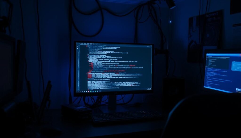 A dimly lit workspace with a desktop computer, cables, and various digital forensics tools. On the screen, a detailed view of a malware sample, with code snippets, network traffic logs, and behavioral analysis. The room is bathed in a cool, blue-tinted light, creating an atmosphere of focused investigation. The scene conveys the methodical and analytical nature of malware analysis, where every detail is scrutinized to uncover the underlying threat. A dimly lit workspace with a desktop computer, cables, and various digital forensics tools. On the screen, a detailed view of a malware sample, with code snippets, network traffic logs, and behavioral analysis. The room is bathed in a cool, blue-tinted light, creating an atmosphere of focused investigation. The scene conveys the methodical and analytical nature of malware analysis, where every detail is scrutinized to uncover the underlying threat.