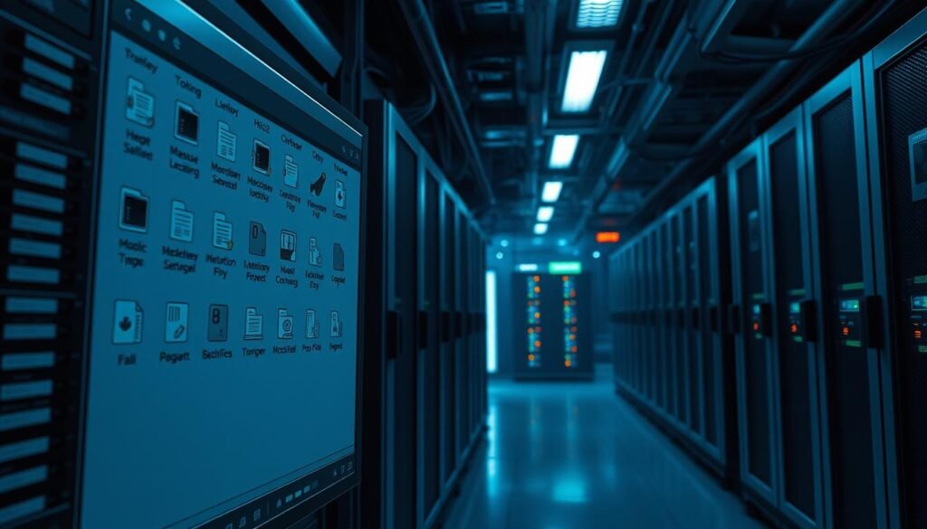 A directory structure rendered in a highly detailed, photorealistic style. The foreground features an open directory window with nested folders, files, and detailed icons. The middle ground depicts a server rack with blinking lights and heat vents, conveying a sense of the underlying infrastructure. The background shows a dimly lit data center, with rows of servers, cables, and monitoring equipment, creating an atmospheric, technical setting. The lighting is a combination of cool, fluorescent tones and warm, subtle highlights, emphasizing the textures and shadows. The overall scene has a serious, contemplative mood, reflecting the technical nature of the subject matter.