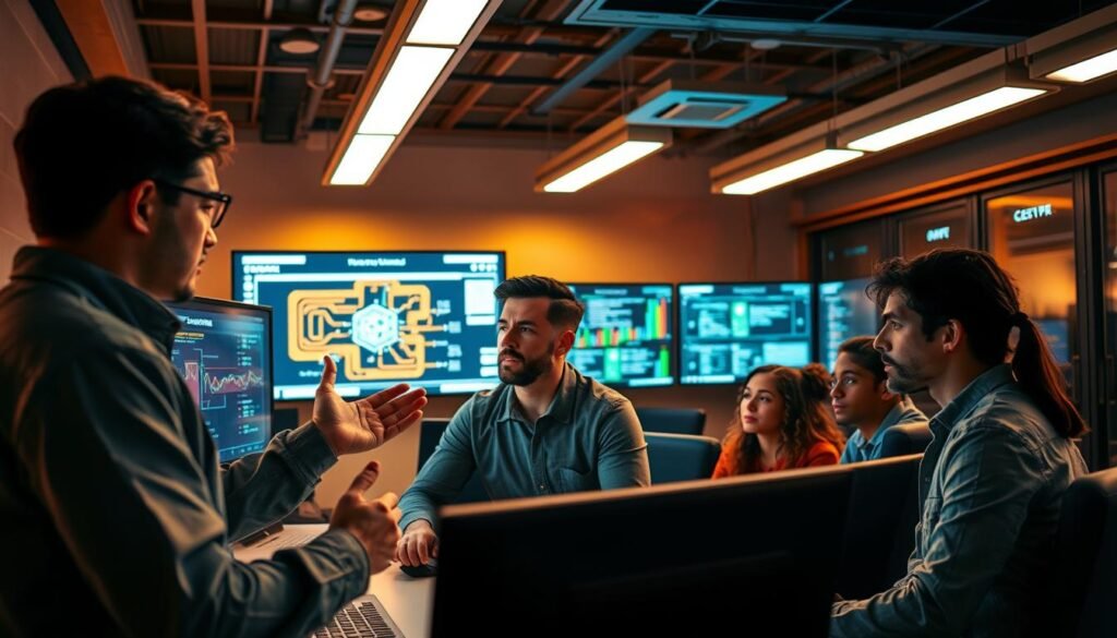 A diverse group of skilled cybersecurity professionals, each with unique expertise, collaborating in a high-tech command center. In the foreground, a team leader briefs the group, gesturing towards a large display screen showcasing network architecture and potential attack vectors. The middle ground features analysts intently monitoring multiple screens, their expressions focused and determined. In the background, a bank of servers hums quietly, casting a subtle glow that illuminates the scene. Warm lighting from overhead fixtures creates a sense of intensity and purpose, while the minimalist, modern decor suggests a sleek, efficient workspace designed for maximum productivity. An atmosphere of camaraderie and shared mission permeates the room, reflecting the "team composition that multiplies success, not groupthink."