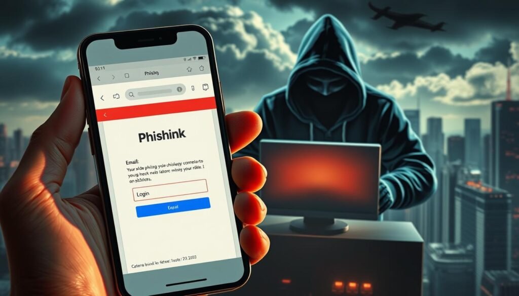 A dramatic, photorealistic illustration of the major types of phishing attacks. In the foreground, a hand holding a smartphone displays a phishing email, with a suspicious login page. In the middle ground, a shadowy figure in a hooded sweatshirt hacking into a computer, representing the threat of credential theft. In the background, a cityscape backdrop with ominous clouds, conveying the pervasive and threatening nature of phishing. Dramatic lighting casts long shadows, creating a sense of unease and urgency. The overall mood is one of digital danger and the need for vigilance against these insidious cybersecurity threats.