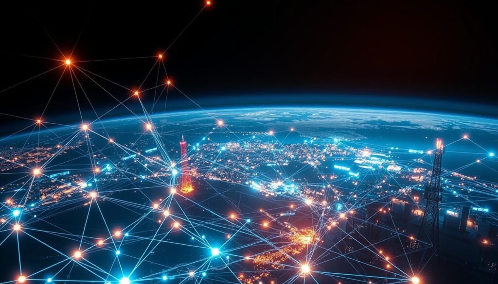 A dynamic and interconnected visualization of global communication networks. In the foreground, an intricate web of glowing lines and nodes representing data streams and information exchange. In the middle ground, satellite dishes, cell towers, and other communication infrastructure, bathed in a warm, futuristic glow. In the background, a panoramic view of the Earth, its continents and oceans visible, symbolizing the worldwide scope of modern communication. The scene is illuminated by a soft, directional light, casting dramatic shadows and highlights to convey a sense of depth and dimensionality. The overall tone is one of technological sophistication, connectivity, and the seamless integration of communication systems across the globe. A dynamic and interconnected visualization of global communication networks. In the foreground, an intricate web of glowing lines and nodes representing data streams and information exchange. In the middle ground, satellite dishes, cell towers, and other communication infrastructure, bathed in a warm, futuristic glow. In the background, a panoramic view of the Earth, its continents and oceans visible, symbolizing the worldwide scope of modern communication. The scene is illuminated by a soft, directional light, casting dramatic shadows and highlights to convey a sense of depth and dimensionality. The overall tone is one of technological sophistication, connectivity, and the seamless integration of communication systems across the globe.