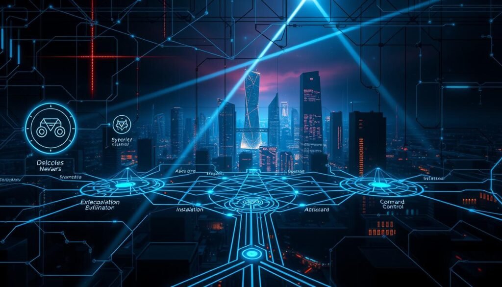 A dynamic cyber landscape, illuminated by a digital lattice of interconnected nodes and pathways. In the foreground, a series of intricate symbols and diagrams map out the distinct phases of the cyber kill chain - reconnaissance, weaponization, delivery, exploitation, installation, command and control, and actions on objectives. The middle ground features a stylized network topology, with data streams flowing between nodes, visualizing the ebb and flow of the intrusion. In the background, a moody, technological cityscape sets the scene, its angular structures and neon-tinged shadows evoking a sense of high-stakes cyber warfare. Lighting is dramatic, with beams of digital light slicing through the composition, lending an air of intensity and urgency to the scene. A dynamic cyber landscape, illuminated by a digital lattice of interconnected nodes and pathways. In the foreground, a series of intricate symbols and diagrams map out the distinct phases of the cyber kill chain - reconnaissance, weaponization, delivery, exploitation, installation, command and control, and actions on objectives. The middle ground features a stylized network topology, with data streams flowing between nodes, visualizing the ebb and flow of the intrusion. In the background, a moody, technological cityscape sets the scene, its angular structures and neon-tinged shadows evoking a sense of high-stakes cyber warfare. Lighting is dramatic, with beams of digital light slicing through the composition, lending an air of intensity and urgency to the scene.