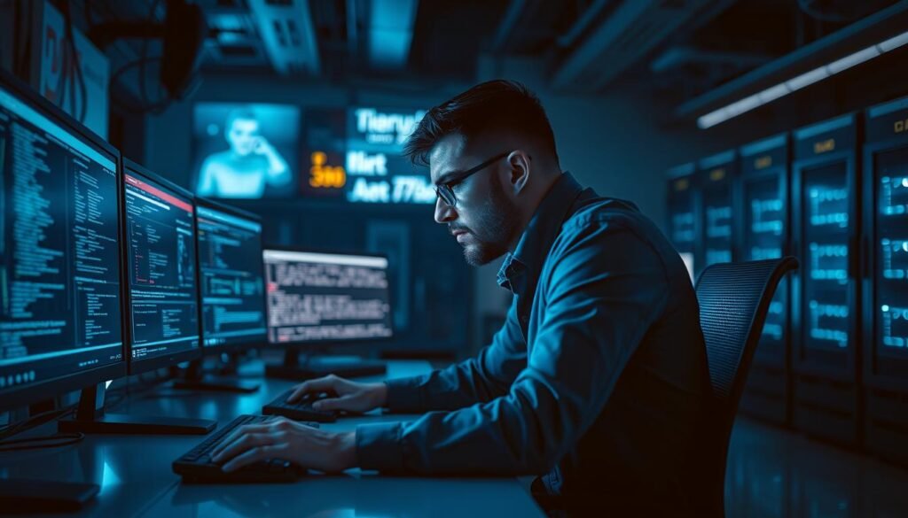 A focused and serious-looking SOC analyst, sitting at a sleek, modern desk in a dimly lit, high-tech cybersecurity operations center. The analyst is intently studying multiple computer screens, scanning for signs of potential threats. The workspace is illuminated by the soft glow of the displays, casting a cool, analytical atmosphere. The background features banks of servers and security equipment, hinting at the analyst's critical role in protecting digital assets. The lighting is dramatic, with strategic shadows and highlights accentuating the intensity of the moment. The overall scene conveys the analyst's dedication, vigilance, and vital importance in the field of cybersecurity. A focused and serious-looking SOC analyst, sitting at a sleek, modern desk in a dimly lit, high-tech cybersecurity operations center. The analyst is intently studying multiple computer screens, scanning for signs of potential threats. The workspace is illuminated by the soft glow of the displays, casting a cool, analytical atmosphere. The background features banks of servers and security equipment, hinting at the analyst's critical role in protecting digital assets. The lighting is dramatic, with strategic shadows and highlights accentuating the intensity of the moment. The overall scene conveys the analyst's dedication, vigilance, and vital importance in the field of cybersecurity.