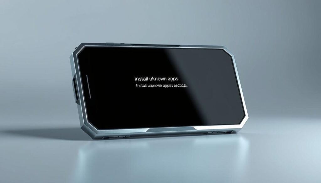 A futuristic Android device against a minimalist background, its screen displaying the "Install unknown apps" prompt. The device is rendered in crisp detail, with a sleek metallic finish and fluid lines. The screen is highlighted, drawing the viewer's attention to the critical decision. Soft, directional lighting creates depth and dimension, while a subtle gradient in the background suggests an underlying sense of caution and deliberation. The overall mood is one of thoughtful consideration, inviting the viewer to carefully weigh the implications of this security-sensitive action.