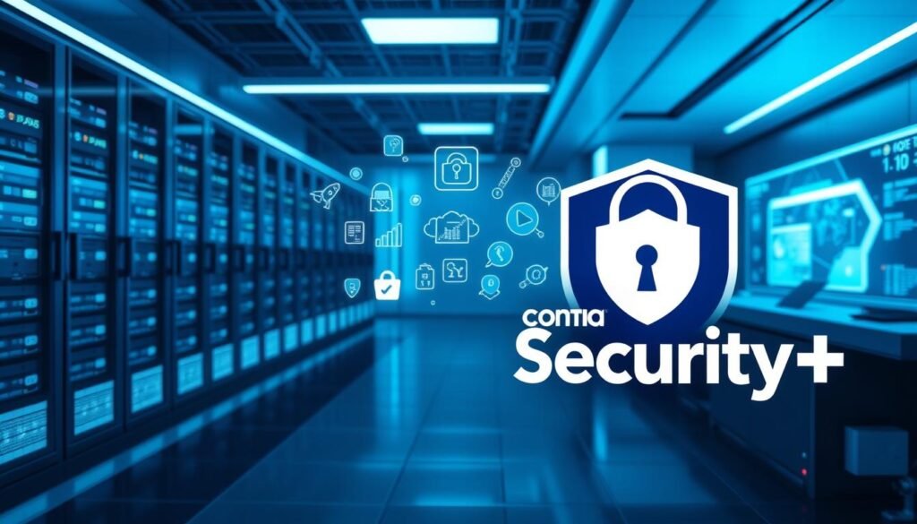 A futuristic cybersecurity scene with the CompTIA Security+ logo prominently displayed in the foreground. The background features a sleek, high-tech data center with rows of server racks, holographic displays, and a minimalist control panel. The lighting is a cool, blue-tinged palette, creating a sense of sophistication and professionalism. In the middle ground, various cybersecurity icons and symbols float in a 3D space, representing the key concepts and technologies covered in the CompTIA Security+ certification. The overall mood is one of confidence, security, and technological advancement, reflecting the importance of this foundational cybersecurity credential.