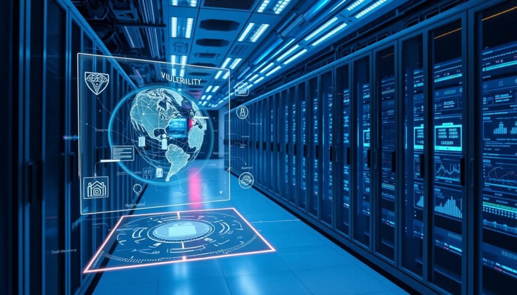 A futuristic data center, with rows of sleek, interconnected servers and AI-powered security systems. In the foreground, a holographic display projects intricate vulnerability models, with data streams and predictive analytics floating in the air. Soft blue lighting casts a serene glow, while the background features high-tech monitoring equipment and advanced cybersecurity tools. The overall atmosphere is one of innovation, precision, and the promise of AI-driven vulnerability management, capturing the essence of a glimpse into the future.