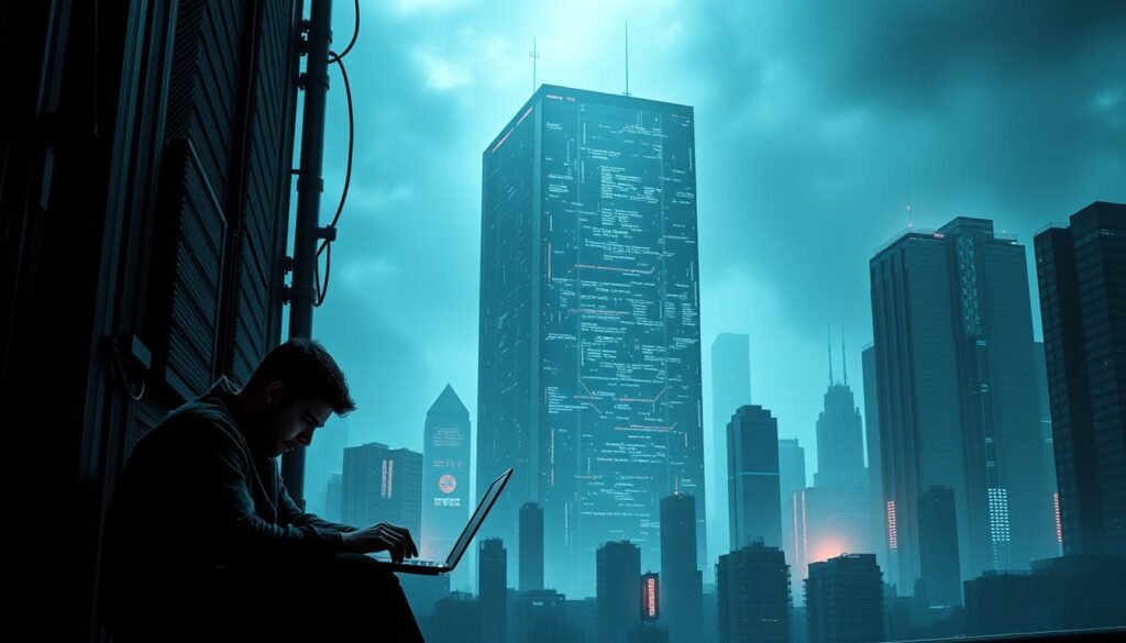 A gloomy, dystopian cityscape in the year 2025, where small businesses struggle against the overwhelming threat of cybercrime. In the foreground, a lone entrepreneur sits hunched over a laptop, brow furrowed with worry as they battle a barrage of digital attacks. The middle ground is dominated by a towering, ominous data center, its servers pulsing with malicious code. In the background, the skyline is shrouded in a haze of digital interference, reflecting the pervasive sense of vulnerability and uncertainty that haunts the small business owners. The scene is illuminated by a harsh, bluish-white light, casting long, ominous shadows and emphasizing the sense of isolation and desperation. The overall atmosphere conveys the relentless pressure and daunting challenges faced by small businesses in the face of the 2025 cybercrime landscape. A gloomy, dystopian cityscape in the year 2025, where small businesses struggle against the overwhelming threat of cybercrime. In the foreground, a lone entrepreneur sits hunched over a laptop, brow furrowed with worry as they battle a barrage of digital attacks. The middle ground is dominated by a towering, ominous data center, its servers pulsing with malicious code. In the background, the skyline is shrouded in a haze of digital interference, reflecting the pervasive sense of vulnerability and uncertainty that haunts the small business owners. The scene is illuminated by a harsh, bluish-white light, casting long, ominous shadows and emphasizing the sense of isolation and desperation. The overall atmosphere conveys the relentless pressure and daunting challenges faced by small businesses in the face of the 2025 cybercrime landscape.
