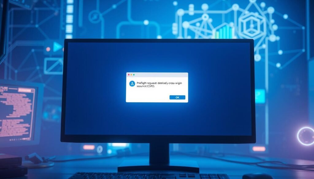 A glowing computer monitor displays a pop-up window with a "preflight request" message, showcasing the behind-the-scenes web security mechanism that enables cross-origin resource sharing (CORS). The scene is bathed in a soft, blue-hued lighting, creating a technical and futuristic atmosphere. In the foreground, a detailed 3D rendering of a web browser interface frames the preflight request, while the background subtly features wireframe structures and abstract data visualizations, alluding to the complex web of protocols and standards that govern modern web interactions.