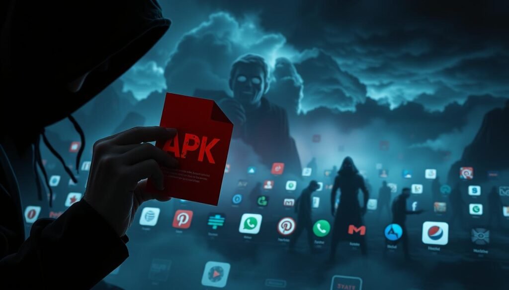 A grim, ominous landscape of digital threats. In the foreground, a shadowy figure holding a malicious APK file, its sinister code ready to infiltrate unsuspecting devices. In the middle ground, app icons representing popular brands are being corrupted, their trusted names and logos tarnished by imposters. Beyond, a dark cloud of drop-shippers and data thieves lurks, poised to exploit vulnerabilities and lure victims. The scene is illuminated by an eerie, bluish glow, as if cast by the screens of infected devices. A sense of unease and impending danger permeates the atmosphere, underscoring the very real risks of the modern threat landscape. A grim, ominous landscape of digital threats. In the foreground, a shadowy figure holding a malicious APK file, its sinister code ready to infiltrate unsuspecting devices. In the middle ground, app icons representing popular brands are being corrupted, their trusted names and logos tarnished by imposters. Beyond, a dark cloud of drop-shippers and data thieves lurks, poised to exploit vulnerabilities and lure victims. The scene is illuminated by an eerie, bluish glow, as if cast by the screens of infected devices. A sense of unease and impending danger permeates the atmosphere, underscoring the very real risks of the modern threat landscape.