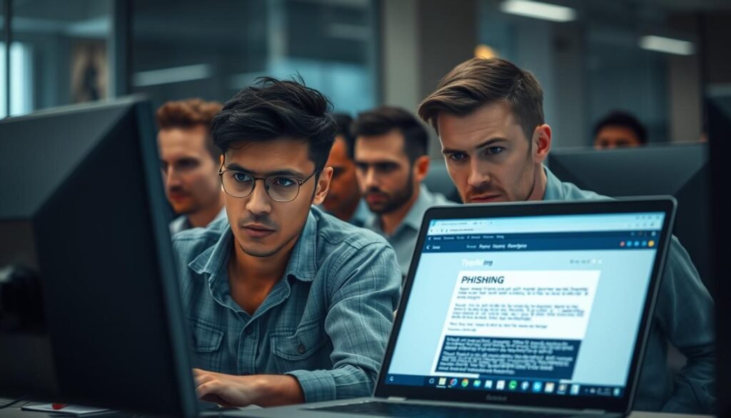A group of attentive office workers, seated at their desks, examining their computer screens with furrowed brows. The lighting is soft and natural, creating a warm, focused atmosphere. In the foreground, a laptop screen displays a phishing email, its suspicious nature evident in the user's heightened expression. The middle ground features the workers' serious expressions as they analyze the potential threat, their body language conveying a sense of vigilance and alertness. The background is blurred, emphasizing the employees' intense concentration on the task at hand. This scene captures the critical importance of user awareness in safeguarding against phishing attacks.