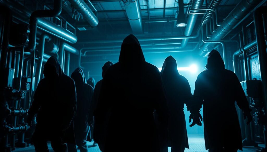 A group of hooded figures shrouded in shadows, their faces obscured, standing in a dimly lit industrial setting. The background is a maze of pipes, valves, and metal structures, casting ominous shadows. Bright flashes of light occasionally illuminate the scene, creating a sense of tension and unease. The figures move with a sense of purpose, their body language suggesting a coordinated, malicious intent. The lighting is moody, with a cool, blue-tinted color palette, heightening the sense of foreboding and mystery surrounding the attackers.
