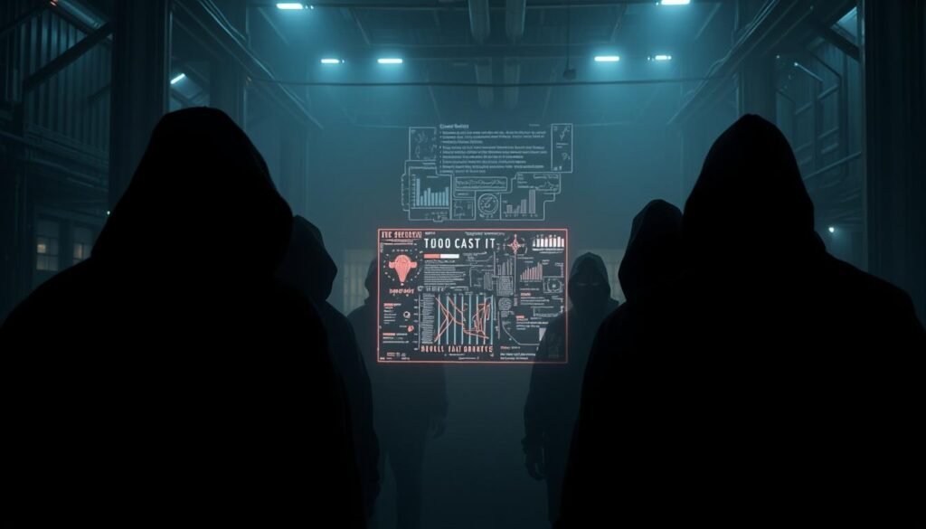 A group of imposing figures, their faces obscured by masks and hoods, gather in a dimly lit, industrial setting. The foreground is dominated by their ominous silhouettes, conveying a sense of unease and hidden motives. In the middle ground, a holographic display projects a complex array of data, hinting at their advanced technological capabilities. The background is shrouded in shadows, creating an atmosphere of mystery and uncertainty. Dramatic lighting, casting deep shadows, adds to the sense of foreboding. The scene evokes the covert nature of state-sponsored cyber-intelligence operations, where adversaries lurk in the digital shadows, poised to strike.