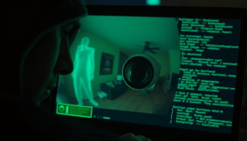 A hacker's laptop screen displays a live video feed from a compromised webcam, revealing a person in their home unaware of the intrusion. The screen is bathed in an eerie green glow, casting shadows across the hacker's concentrated expression. The webcam's lens is sharply in focus, capturing the subject in high definition with a slight fish-eye distortion. In the background, a network diagram and lines of code scroll across the screen, hinting at the technical complexities of the hacking process. The overall atmosphere is one of unease and vulnerability, underscoring the unsettling nature of webcam hacking.