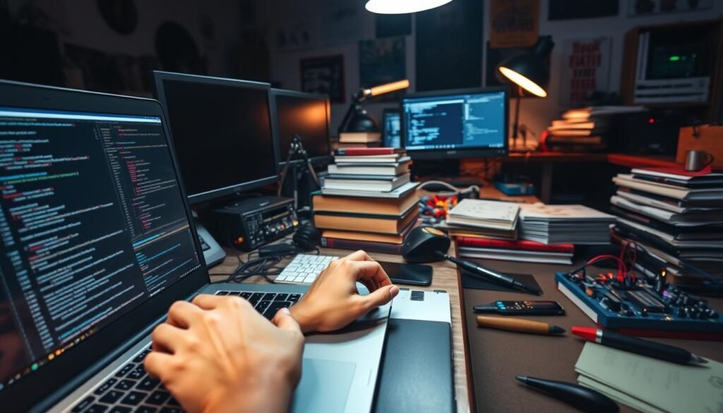 A hands-on computer workstation with developer tools, hacking equipment, and reference materials. In the foreground, a person's hands are intently focused on a laptop screen, their fingers expertly navigating code and debugging tools. The middle ground features a cluttered but organized desk, with stacks of books, a soldering iron, and various electronic components. The background is a dimly lit home office, with subtle lighting from a lamp and the glow of multiple monitors. The atmosphere is one of intense concentration and problem-solving, reflecting the process of learning from public bug bounty reports to build practical, hands-on cybersecurity skills. A hands-on computer workstation with developer tools, hacking equipment, and reference materials. In the foreground, a person's hands are intently focused on a laptop screen, their fingers expertly navigating code and debugging tools. The middle ground features a cluttered but organized desk, with stacks of books, a soldering iron, and various electronic components. The background is a dimly lit home office, with subtle lighting from a lamp and the glow of multiple monitors. The atmosphere is one of intense concentration and problem-solving, reflecting the process of learning from public bug bounty reports to build practical, hands-on cybersecurity skills.