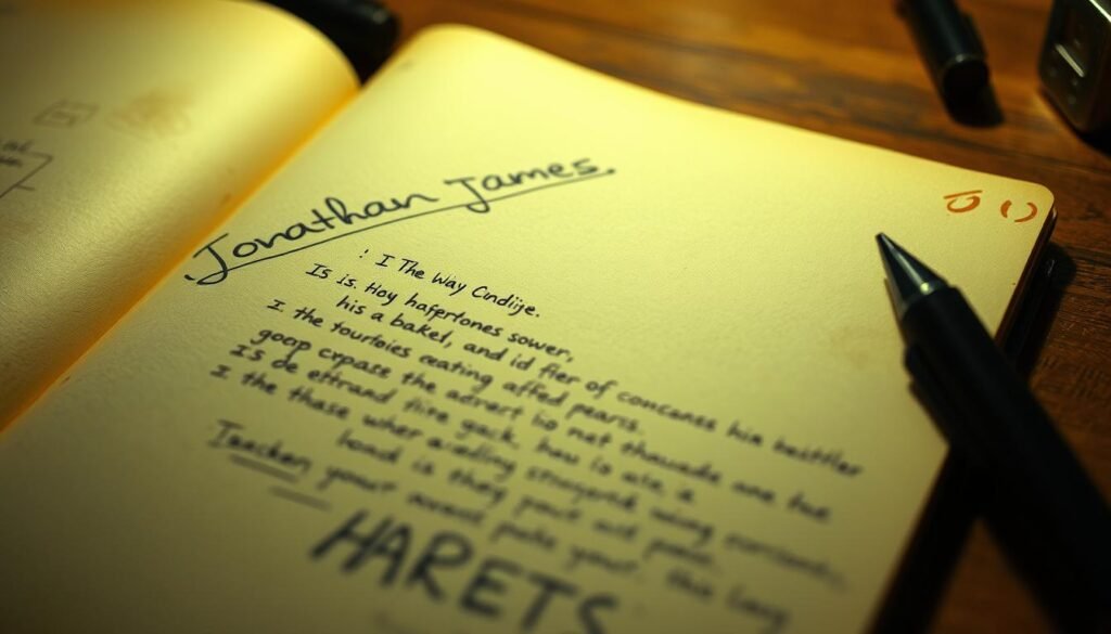 A handwritten journal page lies open, the pages worn and yellowed with time. In the foreground, the faint outline of a teenage boy's name - "Jonathan James" - is scribbled across the top, the letters uneven and hurried. Beside it, a series of notes and scribbles fill the page, hinting at the personal thoughts and fears of a young hacker. The lighting is soft and ambient, casting gentle shadows that add depth and texture to the scene. The camera angle is slightly angled, giving a sense of intimacy and revealing the personal nature of the subject matter. The overall mood is pensive and introspective, capturing the weight of the consequences faced by this curious, tech-savvy teen. A handwritten journal page lies open, the pages worn and yellowed with time. In the foreground, the faint outline of a teenage boy's name - "Jonathan James" - is scribbled across the top, the letters uneven and hurried. Beside it, a series of notes and scribbles fill the page, hinting at the personal thoughts and fears of a young hacker. The lighting is soft and ambient, casting gentle shadows that add depth and texture to the scene. The camera angle is slightly angled, giving a sense of intimacy and revealing the personal nature of the subject matter. The overall mood is pensive and introspective, capturing the weight of the consequences faced by this curious, tech-savvy teen.