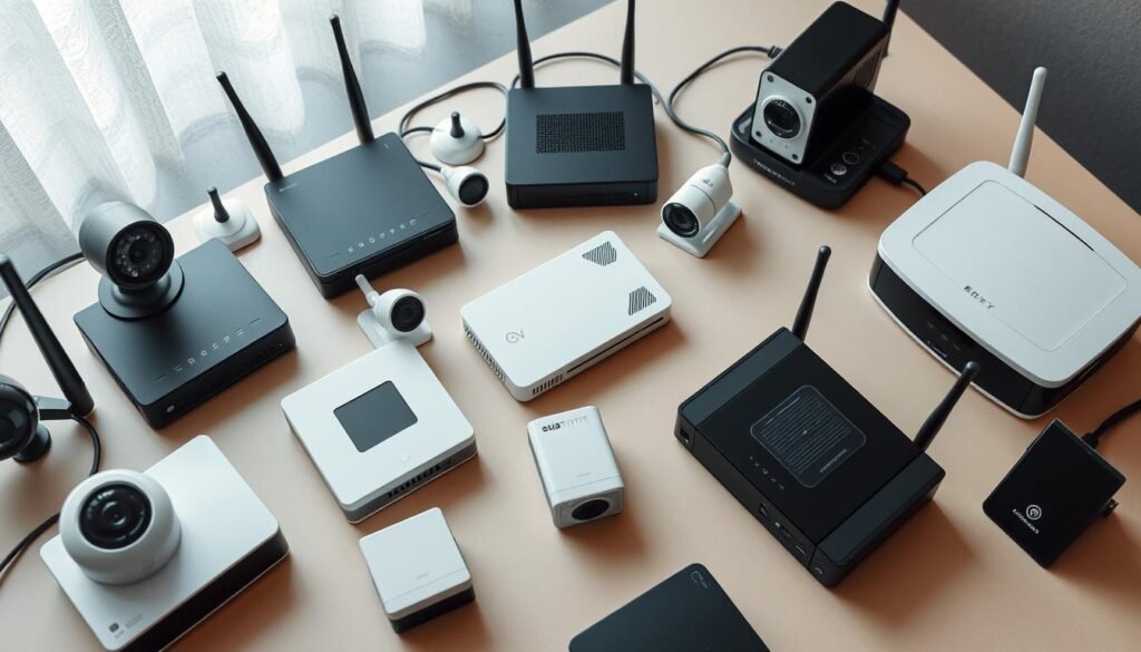 A high-angle, close-up view of an assortment of network devices and webcams positioned on a minimalist, neutral-toned desk. The devices are arranged in a visually appealing, symmetrical layout, showcasing a variety of shapes, sizes, and connectivity options. The lighting is soft and diffuse, creating a sense of calm and professionalism. The image conveys a mood of security, control, and technological prowess, suitable for the "Harden your home and mobile networks" section of the article. A high-angle, close-up view of an assortment of network devices and webcams positioned on a minimalist, neutral-toned desk. The devices are arranged in a visually appealing, symmetrical layout, showcasing a variety of shapes, sizes, and connectivity options. The lighting is soft and diffuse, creating a sense of calm and professionalism. The image conveys a mood of security, control, and technological prowess, suitable for the "Harden your home and mobile networks" section of the article.