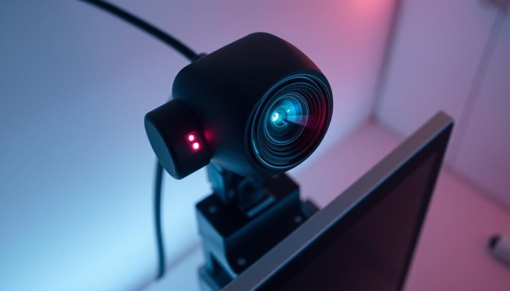 A high-angle view of a sleek, modern webcam mounted on a desk or computer monitor, casting a soft, focused glow. The camera lens is encased in a protective housing, with an LED indicator light discreetly illuminated, signaling its active surveillance. The background is a clean, minimalist workspace, with a laptop or desktop computer in the frame, suggesting the webcam's integration into a professional setup. The overall mood is one of heightened security and vigilance, conveying the importance of guarding against unauthorized access to one's personal technology.