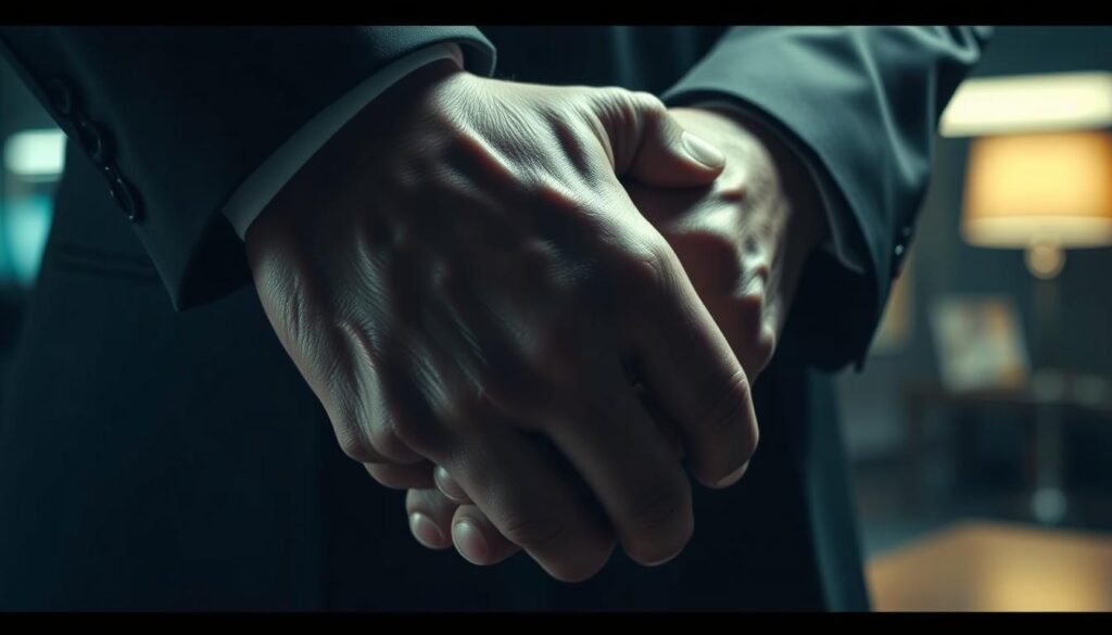 A high-contrast, cinematic close-up of a pair of hands clasped together, signifying trust and identity. The skin tones should be warm and lifelike, with a sense of weight and solidity to the forms. Soft, directional lighting from the side casts dramatic shadows, creating a sense of depth and mystery. The hands should be the primary focus, filling the frame, with a blurred, indistinct background that suggests an office or professional setting. The overall mood should be one of seriousness, authority, and quiet contemplation, reflecting the gravity of the subject matter.