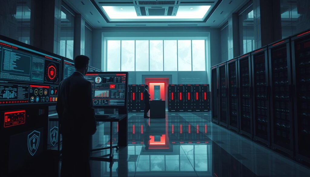 A high-contrast, cinematic digital illustration depicting the incident response for a banking trojan attack. In the foreground, a team of cybersecurity professionals in formal attire examining a large computer monitor displaying various security metrics and threat indicators. In the middle ground, rows of servers and network equipment, bathed in an ominous red glow. In the background, a sleek, modern banking interior with tall ceilings and polished marble floors, shrouded in an atmosphere of tension and urgency. The lighting is stark and dramatic, casting long shadows and highlighting the intensity of the situation. The overall mood is one of focused determination and a race against time to mitigate the damage of the banking trojan incursion.